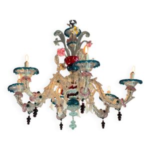 Lustre Vénitien Rezzonico En Verre De Venise Multicolore, 6 Bras De Lumière