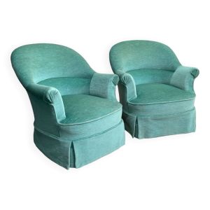 Paire de fauteuils crapaud velours vert d’eau 1970