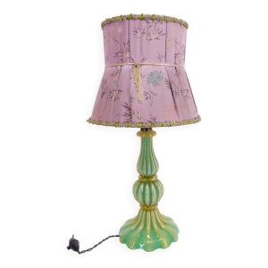 Lampe Murano turquoise et abat-jour en soie rose 1940