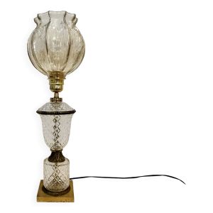 Grande lampe en cristal d'Albret laiton et globe opaline néoclassique verre