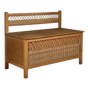 Banc coffre en chêne et rotin vintage