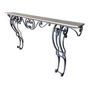 Console en fer forgé noir & marbre beige