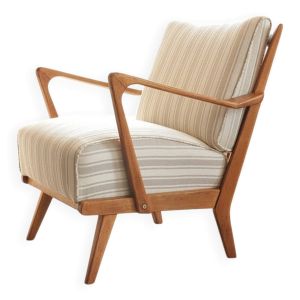 Fauteuil scandinave tissu rayé beige blanc