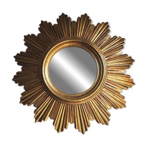 Ancien miroir soleil / sorcière doré à la feuille