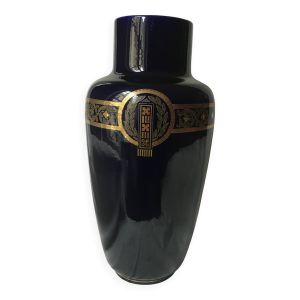 Grand vase en faience sarreguemines art nouveau bleu et or