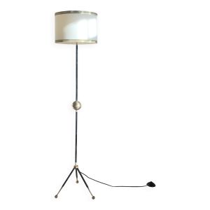 Lampadaire tripode vintage metal noir et boule laiton