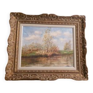 Paysage sous cadre bois sculpté