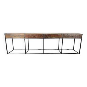 Console en bois ancien et piètement en métal avec 4 tiroirs