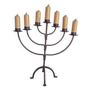 chandelier à 7 branches en fer forgé - H 57 cm - large bougie - ancien