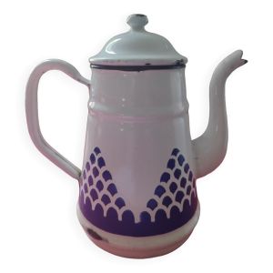 Cafetière tôle émaillée blanche à motifs bleus en relief