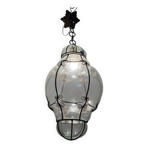 Suspension en fer forgé et verre de Murano, années 1950