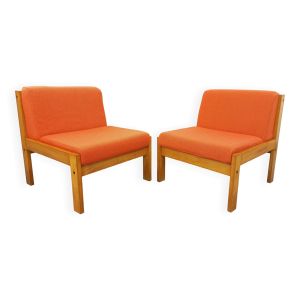 Suite de 2 fauteuils chauffeuses Baumann vintage en tissu orange et bois des années 80