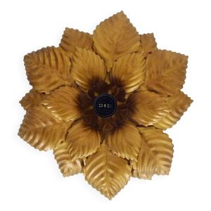 Applique murale, plafonnier soleil feuillage en métal doré, plafonnier vintage. Années 70 - 80