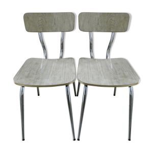 Paire de chaises en formica effet veines de bois et chant doré