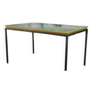 Table design en verre Saint-Gobain et métal laqué noir 1960’s