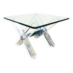 Table basse carrée ' Tréteaux ' . Plexi & verre. Vintage 80s