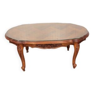 Table basse ovale style Louis XV avec plateau en verre