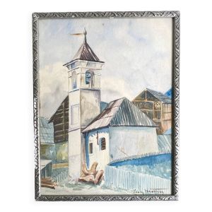 Aquarelle 1920, cadre bois sculpté argenté
