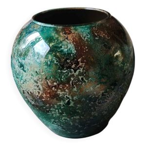 Grand Vase Boule Laqué Line signé. En verre églomisé. Dim 18 x 16 cm