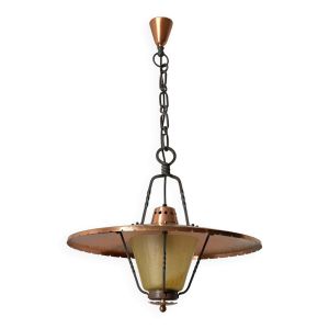 Suspension en fer forgé et cuivre avec diffuseur en verre texturé