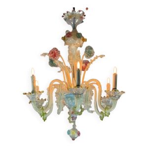 Lustre vénitien en verre de murano multicolore, six bras de lumière