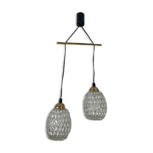 Suspension globes 2 feux, verre et laiton, années 50