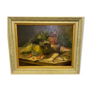 Tableau Nature Morte au poisson crevette  Le Roux