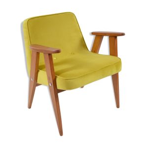 Fauteuil de velours vintage 366, J. Chierowski, restauré, velours jaune