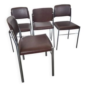 Lot de 4 chaises fauteuil en Skaï marron année 1970