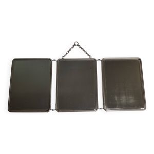 Ancien miroir de barbier triptyque, cadre métal et dos simili cuir 1930