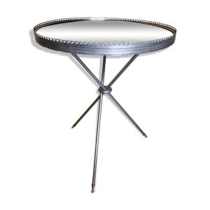 Guéridon vintage tripode en métal et verre, piètement en laiton, années 50-60