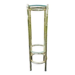 Guéridon vintage à 2 niveaux faux bambou en laiton et verre