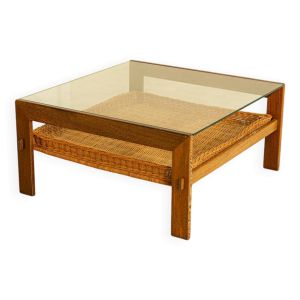Table basse néerlandaise en wengé et osier 60's