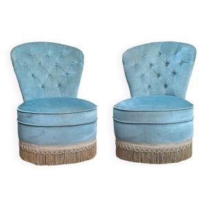 Paire de fauteuils crapaud capitonnés velours bleu vintage 1970
