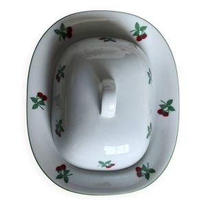 Beurrier vintage en porcelaine blanche motif framboises
