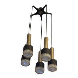 Lustre cascade en métal noir et laiton, années 60-70