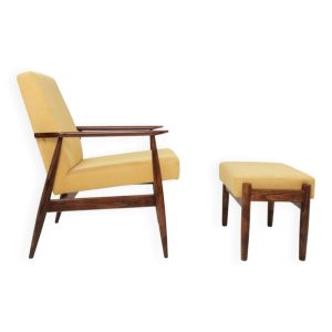 Ensemble vintage fauteuil et repose-pieds en velours côtelé jaune pastel