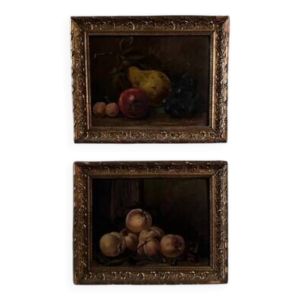 Paire de natures mortes huiles sur carton fruits XXe par L. Gauthier