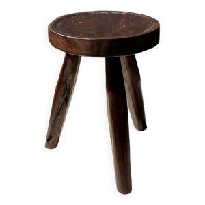 Tabouret tripode en teck upcyclé haut creux - Petit tabouret tripode en bois massif brun assise circ