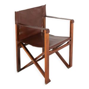 Fauteuil safari pliant en cuir marron et bois