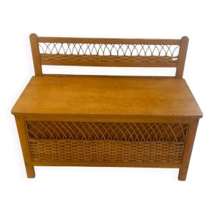 Banc coffre à jouets bois et rotin