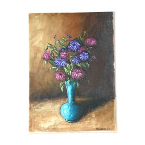 Tableau bouquet dans vase turquoise