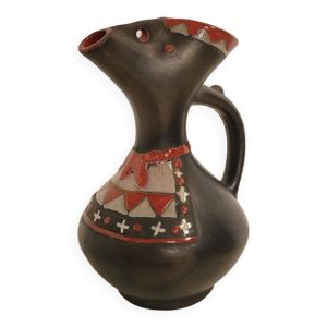 Vase ou pichet zoomorphe vintage en céramique noir et rouge années 60