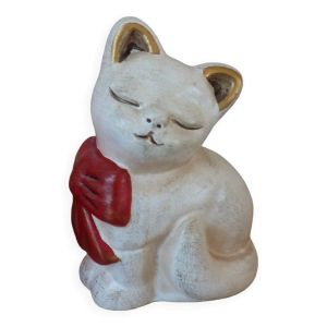 Figurine Thun Chat en céramique au noeud rouge, Statuette chat poterie Bolzano Italie peint main