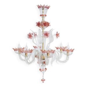 Lustre vénitien à 6 lumières en verre de Murano blanc et rose