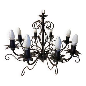 Ancien grand lustre plafonnier fer forgé art populaire déco rétro antique france