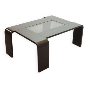 Table basse rectangulaire en contreplaqué laqué noir avec panneau en verre fumé, années 70