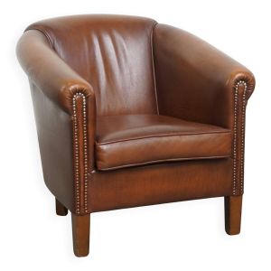 Fauteuil club en cuir de vache marron de style anglais