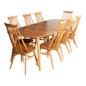 Table de salle à manger rétro en orme blond modèle 444, grande planche et 8 chaises de salle à manger d'orfèvre