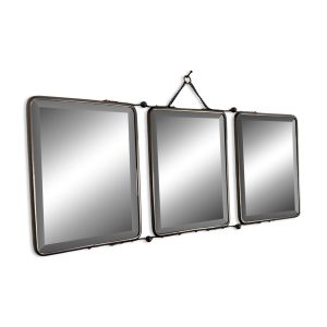 Miroir vintage 1950 triptyque barbier biseauté vert olive - 21 x 50 cm